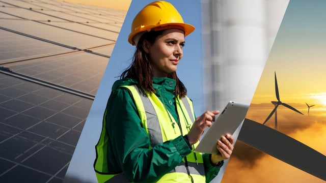 3-panel image of solar panels, female engineer and windmill